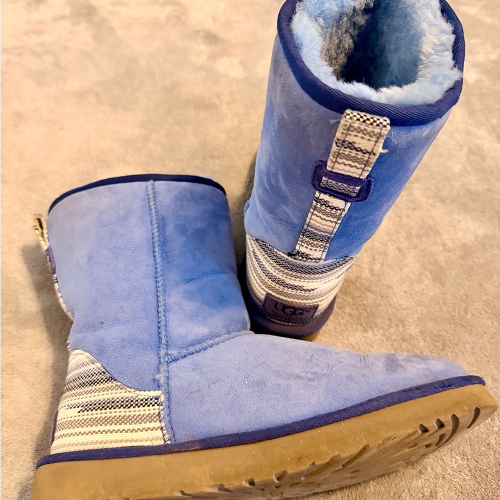 UGG Blue Suede Shearling Boots with Striped Heel Detail